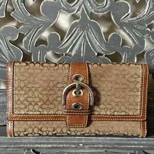 COACH Soho Signature Long Wallet Brown Canvas Leather Buckle Flap